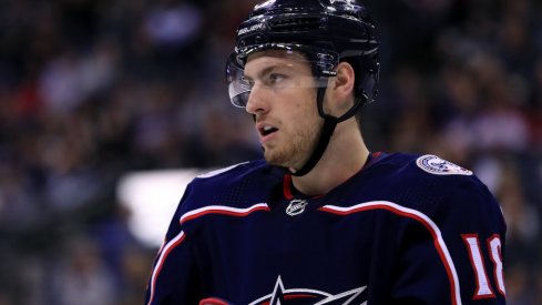 Columbus Blue Jackets center Pierre-Luc Dubois looks on during a game at Nationwide Arena.