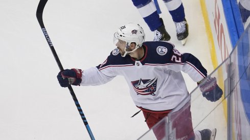 Oliver Bjorkstrand celebrates his goal scored against the Tampa Bay Lightning in game five of the first round of the 2020 Stanley Cup Playoffs