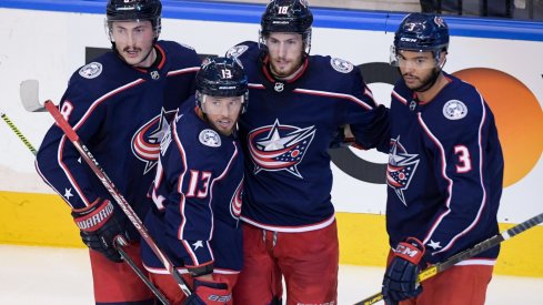 Aug 17, 2020; Toronto, Ontario, CAN; Columbus Blue Jackets right wing Cam Atkinson (13) celebrates with teammates , defenseman Zach Werenski (8), center Pierre-Luc Dubois (18), and defenseman Seth Jones (3) after scoring a goal in the second period in game four of the first round of the 2020 Stanley Cup Playoffs at Scotiabank Arena. 