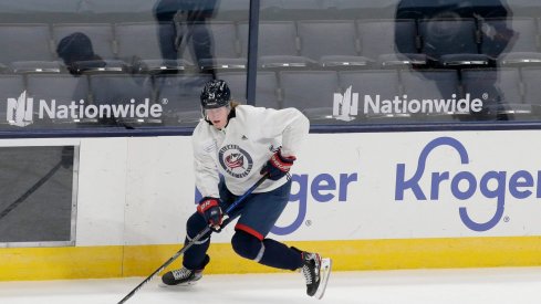 Newest Blue Jacket Patrik Laine practices in the team's morning skate at Nationwide Arena. at Nationwide Arena in Columbus, Ohio on Tuesday, February 2, 2021