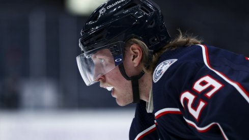 Columbus Blue Jackets right wing Patrik Laine (29) waits for the face-off against the Dallas Stars in the first period at Nationwide Arena. 