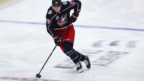 Columbus Blue Jackets right wing Patrik Laine (29) skates with the puck against the Dallas Stars in the first period at Nationwide Arena.