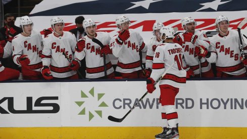 Feb 7, 2021; Columbus, Ohio, USA; Carolina Hurricanes center Vincent Trocheck (16) celebrates a goal against the Columbus Blue Jackets during the second period at Nationwide Arena.