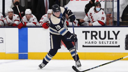 Feb 7, 2021; Columbus, Ohio, USA; Columbus Blue Jackets right wing Patrik Laine (29) scores on a wrist shot against the Carolina Hurricanes during the third period at Nationwide Arena.