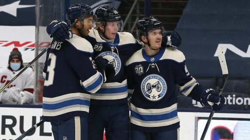 Columbus Blue Jackets forward Patrik Laine celebrates a goal against the Carolina Hurricanes during the first period at Nationwide Arena.