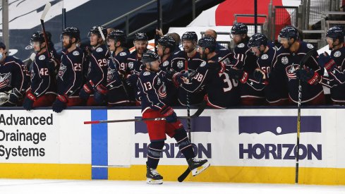 Columbus Blue Jackets right wing Cam Atkinson (13) celebrates a goal on a penalty shot against the Carolina Hurricanes during the second period at Nationwide Arena