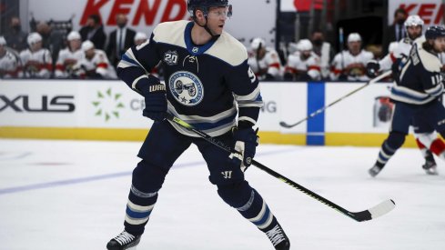 Jan 26, 2021; Columbus, Ohio, USA; Columbus Blue Jackets center Mikko Koivu (9) skates against the Florida Panthers in the first period at Nationwide Arena.