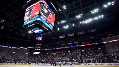 Apr 16, 2019; Columbus, OH, USA; A view of the arena as the Tampa Bay Lightning play against the Columbus Blue Jackets in game four of the first round of the 2019 Stanley Cup Playoffs at Nationwide Arena.