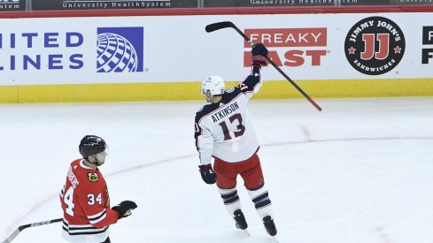 Columbus Blue Jackets forward Cam Atkinson celebrates his goal against the Chicago Blackhawks during the first period at United Center.