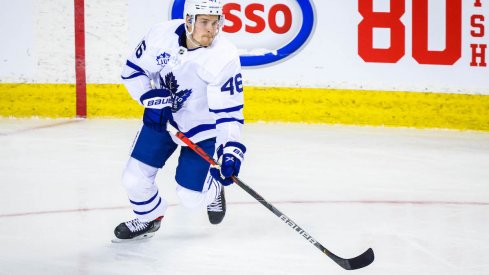 Toronto Maple Leafs Mikko Lehtonen (46) skates with the puck against the Calgary Flames during the first period at Scotiabank Saddledome.