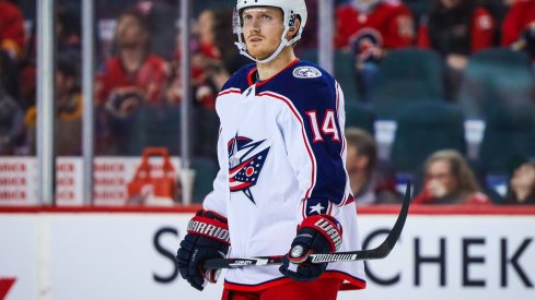 Mar 4, 2020; Calgary, Alberta, CAN; Columbus Blue Jackets center Gustav Nyquist (14) skates against the Calgary Flames during the third period at Scotiabank Saddledome.