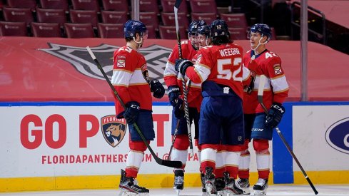 Aleksander Barkov celebrates his goal against the Columbus Blue Jackets