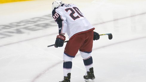 Aug 19, 2020; Toronto, Ontario, CAN; Columbus Blue Jackets center Riley Nash (20) reacts following the 5-4 overtime loss against the Tampa Bay Lightning in game five of the first round of the 2020 Stanley Cup Playoffs at Scotiabank Arena.