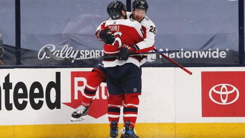 Apr 6, 2021; Columbus, Ohio, USA; Columbus Blue Jackets center Zac Dalpe (26) celebrates a goal against the Tampa Bay Lightning during the first period at Nationwide Arena.