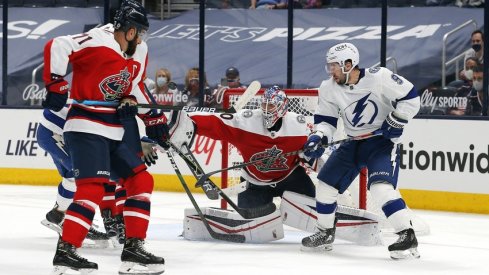 Columbus Blue Jackets goalie Joonas Korpisalo (70) makes a blocker save during the second period against the Tampa Bay Lightning at Nationwide Arena.