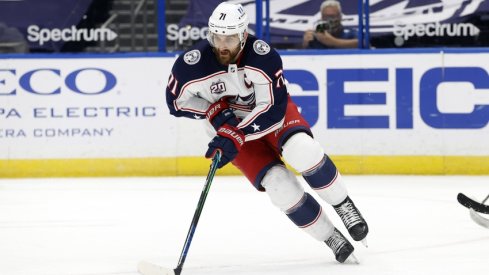 Columbus Blue Jackets left wing Nick Foligno (71) skates with the puck against the Tampa Bay Lightning during the first period at Amalie Arena.