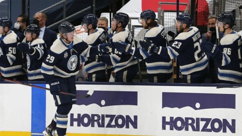 Columbus Blue Jackets right wing Patrik Laine (29) celebrates a goal against the Chicago Blackhawks during the second period at Nationwide Arena.