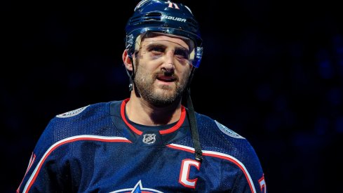 Columbus Blue Jackets captain Nick Foligno before a game at Nationwide Arena against the Tampa Bay Lightning.