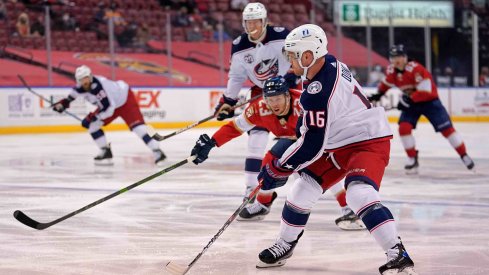 Apr 4, 2021; Sunrise, Florida, USA; Columbus Blue Jackets center Max Domi (16) controls the puck against the Florida Panthers during the first period at BB&T Center.
