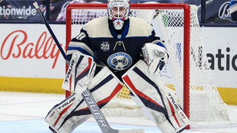 May 7, 2021; Columbus, Ohio, USA; Columbus Blue Jackets goaltender Matiss Kivlenieks (80) defends the net against the Detroit Red Wings in the second period at Nationwide Arena.