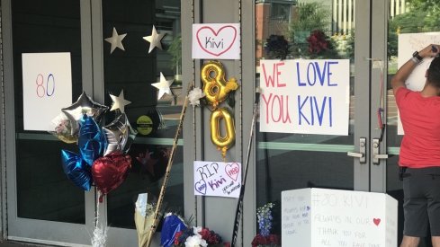 Matiss Kivleniek's memorial outside Nationwide Arena.