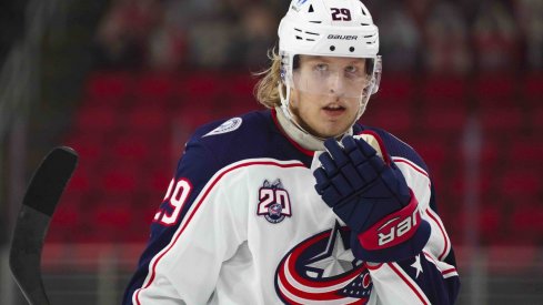 Caption: Feb 15, 2021; Raleigh, North Carolina, USA; Columbus Blue Jackets right wing Patrik Laine (29) looks on against the Carolina Hurricanes at PNC Arena.