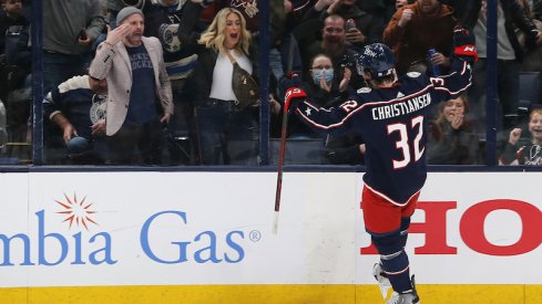 Columbus Blue Jackets' Jake Christiansen celebrates his first career goal against the New Jersey Devils at Nationwide Arena.