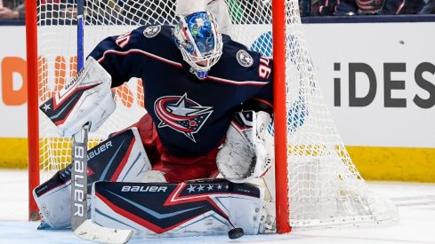 Columbus Blue Jackets goaltender Elvis Merzlikins makes a save against the Toronto Maple Leafs in the second period at Nationwide Arena.