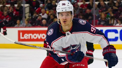 Columbus Blue Jackets center Jack Roslovic skates against the Carolina Hurricanes during the second period at PNC Arena.