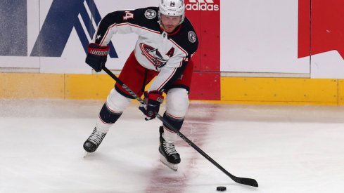 Gus Nyquist playing the puck in the second period against the Montreal Canadiens at Bell Centre.