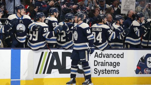 Columbus Blue Jackets' Vladislav Gavrikov celebrates a first period goal against the New York Islanders at Nationwide Arena.