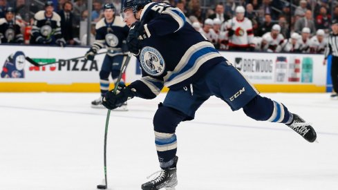 Columbus Blue Jackets right wing Carson Meyer wrists a shot on goal against the Ottawa Senators during the second period at Nationwide Arena.