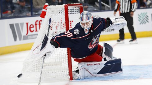 Columbus Blue Jackets' Elvis Merzlikins makes the save during the first period against the Pittsburgh Penguins at Nationwide Arena.