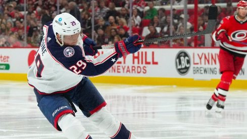 Columbus Blue Jackets left wing Patrik Laine scores a goal on his shot against the Carolina Hurricanes during the first period at PNC Arena.