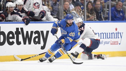 St. Louis Blues left wing Brandon Saad controls the puck against the Blue Jackets