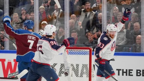 In the club's 11th game of the campaign, Jakub Voracek celebrates the Blue Jackets first power play goal of the season.