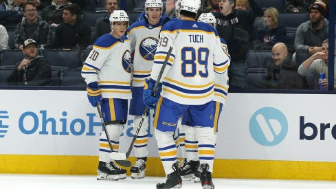 The Buffalo Sabres celebrate a goal against the Columbus Blue Jackets