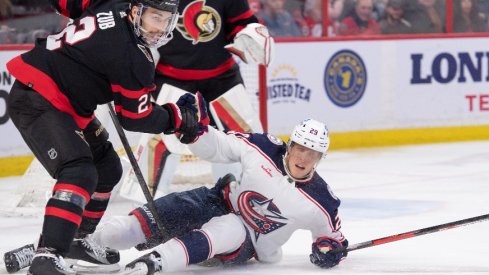 Columbus Blue Jackets left wing Patrik LaIne falls in the second period against the Ottawa Senators at the Canadian Tire Centre.