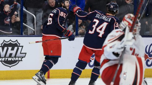 Columbus Blue Jackets' Kirill Marchenko celebrates with teammates after scoring a goal against the Carolina Hurricanes in the second period at Nationwide Arena.