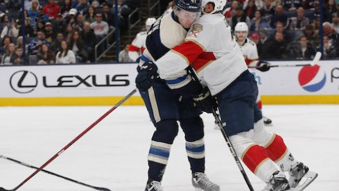 Radko Gudas hits Hunter McKown in the Panthers vs. Blue Jackets game.