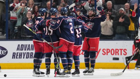 Columbus Blue Jackets players celebrate a goal in the third period against the Ottawa Senators at Nationwide Arena.