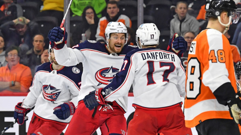 Justin Danforth celebrates his goal with center Sean Kuraly