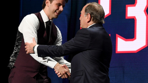 NHL commissioner Gary Bettman congratulates Columbus Blue Jackets second overall pick Adam Fantilli during round one of the 2023 NHL Draft at Bridgestone Arena.