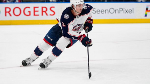 Columbus Blue Jackets defenseman Andrew Peeke (2) carries the puck against the Toronto Maple Leafs at Scotiabank Arena