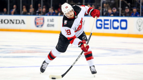 New Jersey Devils defenseman Damon Severson (28) takes a shot against the New York Rangers during the third period in game six of the first round of the 2023 Stanley Cup Playoffs at Madison Square Garden.