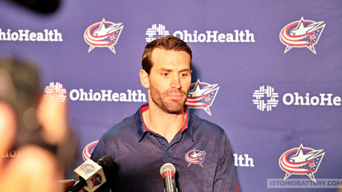 Boone Jenner addresses the media at the Columbus Blue Jackets' annual media luncheon.