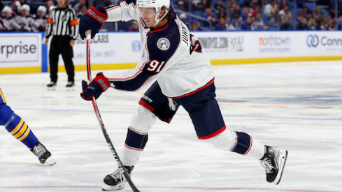 Columbus Blue Jackets center Kent Johnson (91) takes a shot on goal during the third period against the Buffalo Sabres at KeyBank Center.