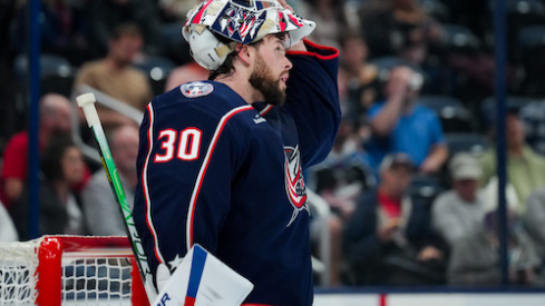 Columbus Blue Jackets goaltender Spencer Martin (30) reacts after allowing a goal against the Washington Capitals in the first period at Nationwide Arena.