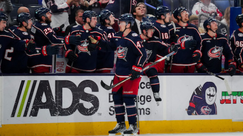 Columbus Blue Jackets defenseman Marcus Bjork (47) celebrates with teammates after scoring a goal against the Washington Capitals in the third period at Nationwide Arena.