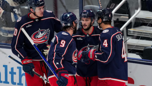 Columbus Blue Jackets forward Justin Danforth, back, celebrates with teammates after scoring a goal against the St. Louis Blues in the first period at Nationwide Arena.